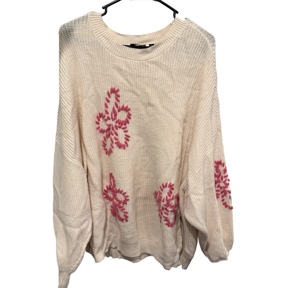 Cyrus Cream Knit Sweater with Pink Flowers Super Soft Warm 3X